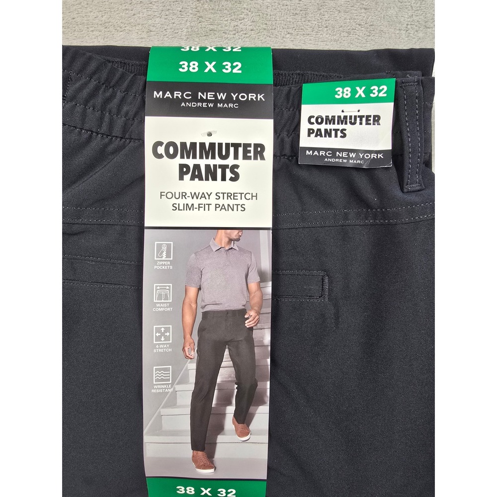 Marc New York Commuter Pants Mens 38x32 Black Slim Fit 4-Way Stretch Performance